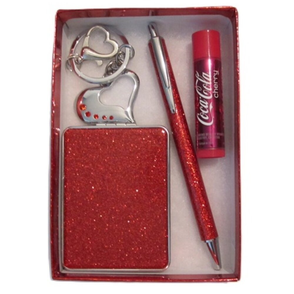 Glitter Compact Mirror, Heart Keychain, Ink Pen & Coca Cola Lip Balm